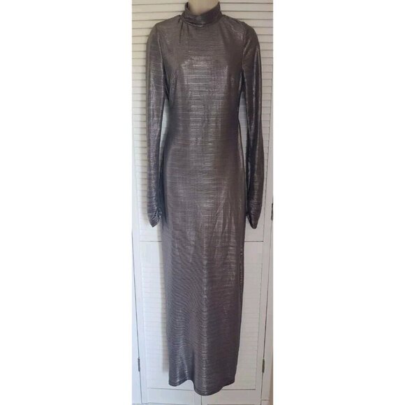 NEW FREE PEOPLE METALLIC OPEN BACK MILA MOCK NECK MAXI DRESS MEDIUM - Picture 2 of 13